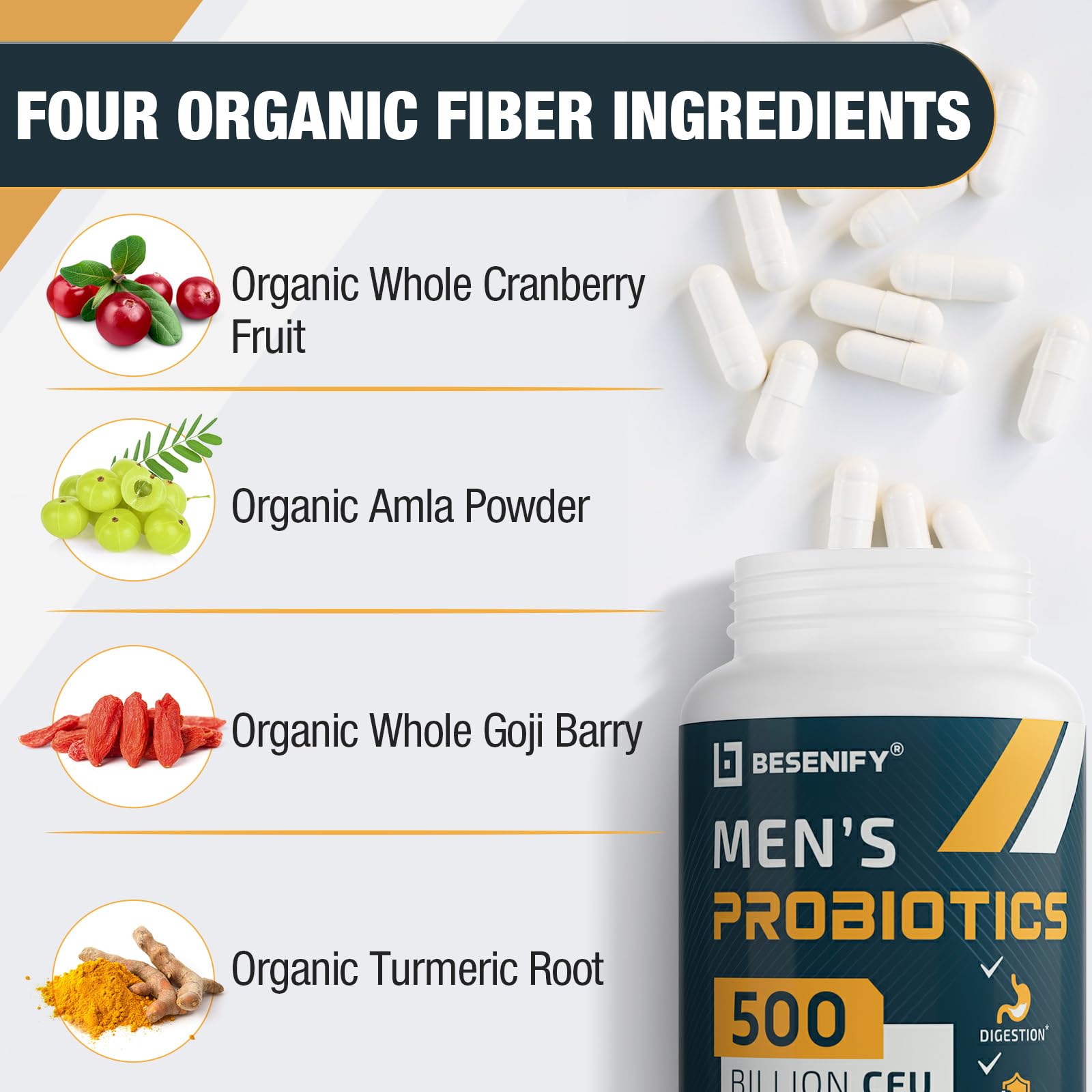 Probiotics for Men, 500 Billion CFUs & 12 Strains, Men's Probiotic with Turmeric, Cranberry, Goji - Probiotics for Digestive Health, Immune, Stomach, - PrimeBioHealth - canada supplements