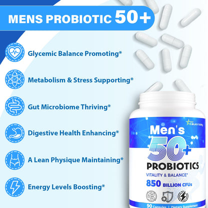 Probiotics for Men, Advanced 50+ Mens Probiotic, Comprehensive Gut & Energy Support with 850 Billion CFU, 1800mg Prebiotics Fiber – Tailored Wellness mens probiotics - PrimeBioHealth - canada supplements