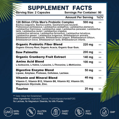 Probiotics for Men Digestive Health, 120 Billion CFUs Mens Probiotic with Digestive Enzymes & Prebiotics & Saw Palmetto & Cranberry for Gut, Prostate & Urinary Tract Health, Shelf Stable, 90 Capsules - PrimeBioHealth - canada supplements