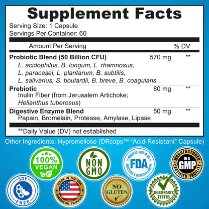 Probiotics with Digestive Enzymes and Prebiotic for Women and Men - 3-In-1 Vegan Probiotic Prebiotic Multi Enzyme Complex for Gut Health - PrimeBioHealth - canada supplements