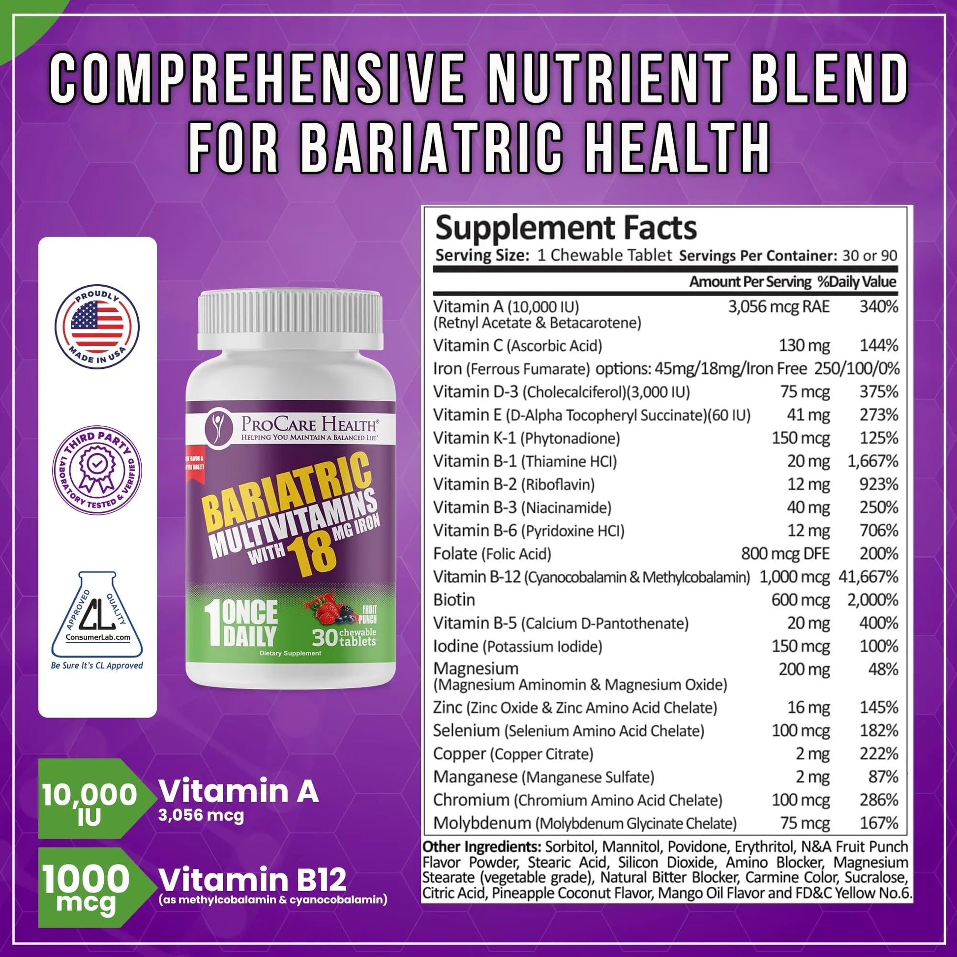 ProCare Health Bariatric Chewable Multivitamin with Iron 18mg (30 Tablets) - Fruit Punch Flavor Bariatric Multivitamin Chewable - PrimeBioHealth - canada supplements