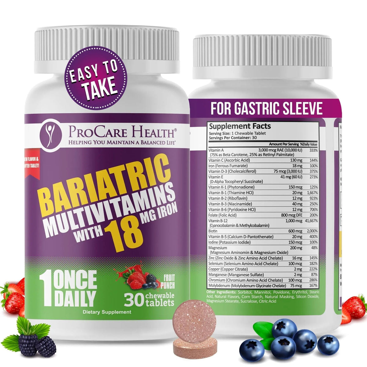 ProCare Health Bariatric Chewable Multivitamin with Iron 18mg (30 Tablets) - Fruit Punch Flavor Bariatric Multivitamin Chewable - PrimeBioHealth - canada supplements