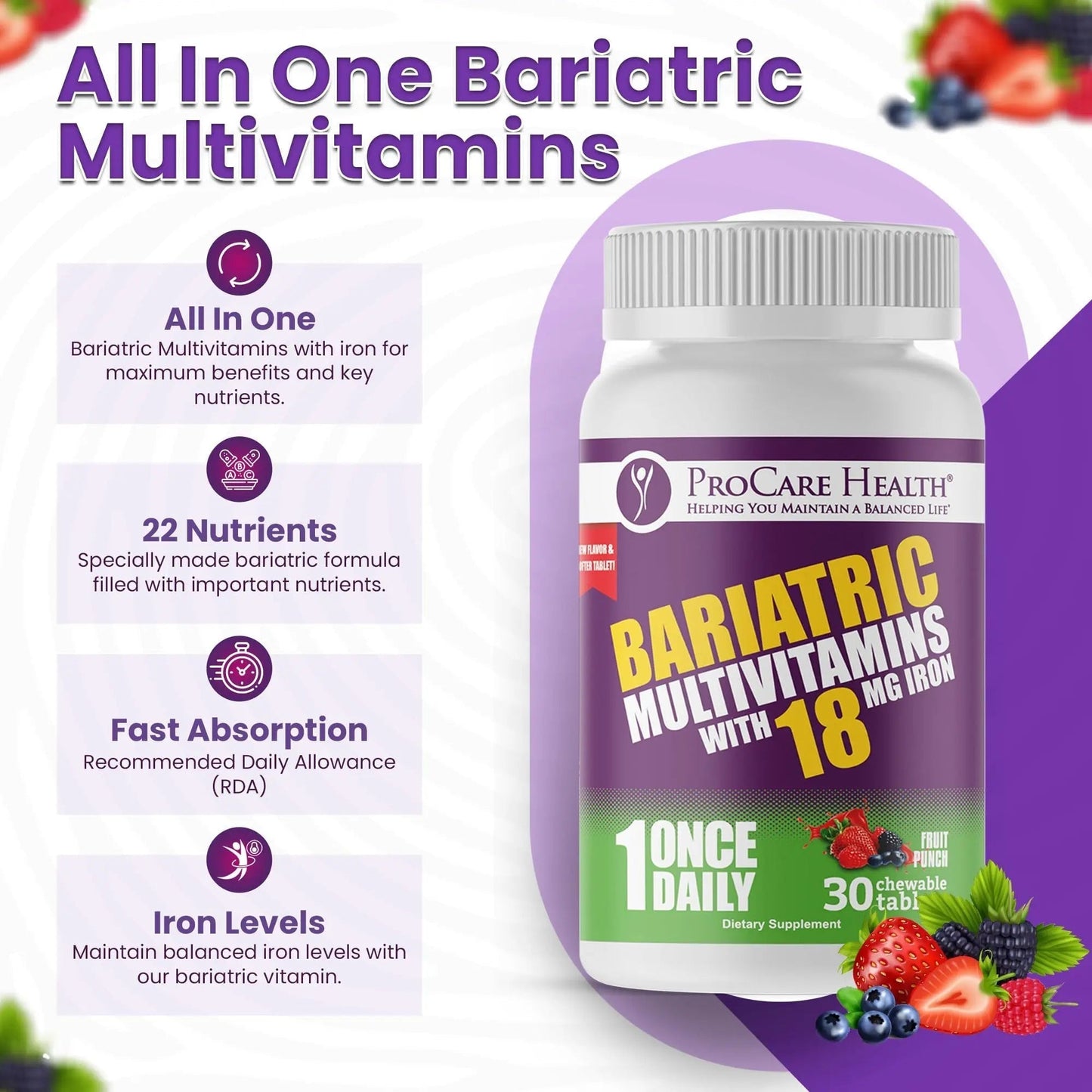 ProCare Health Bariatric Chewable Multivitamin with Iron 18mg (30 Tablets) - Fruit Punch Flavor Bariatric Multivitamin Chewable - PrimeBioHealth - canada supplements