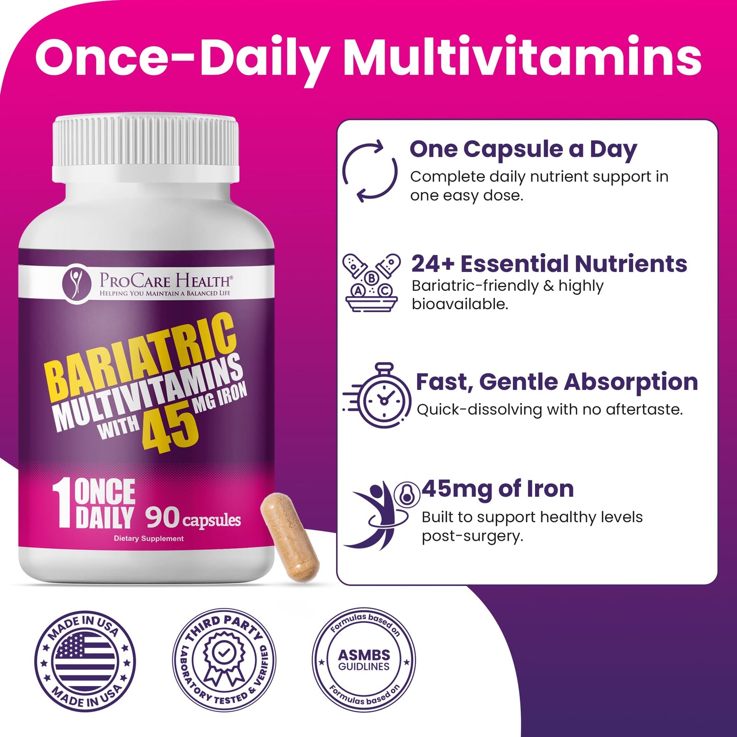 ProCare Health Bariatric Multivitamin 45mg Iron – Once Daily Capsule for Gastric Bypass, Sleeve & Post-Op Support – 90 Easy-to-Swallow Capsules - PrimeBioHealth - canada supplements