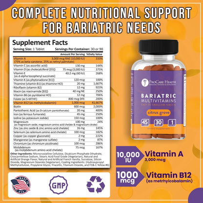 Procare Health Bariatric Multivitamin with Iron 45mg Easy to Swallow 30 Tablets - Post Op Bariatric Vitamins for Gastric Bypass Pills - PrimeBioHealth - canada supplements