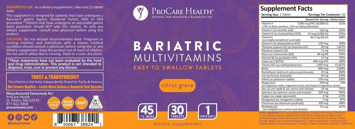 Procare Health Bariatric Multivitamin with Iron 45mg Easy to Swallow 30 Tablets - Post Op Bariatric Vitamins for Gastric Bypass Pills - PrimeBioHealth - canada supplements