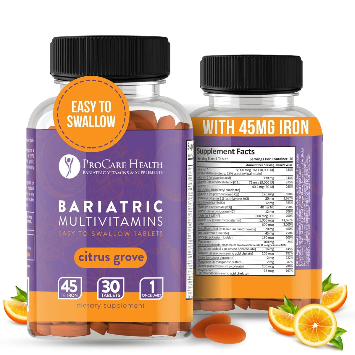 Procare Health Bariatric Multivitamin with Iron 45mg Easy to Swallow 30 Tablets - Post Op Bariatric Vitamins for Gastric Bypass Pills - PrimeBioHealth - canada supplements