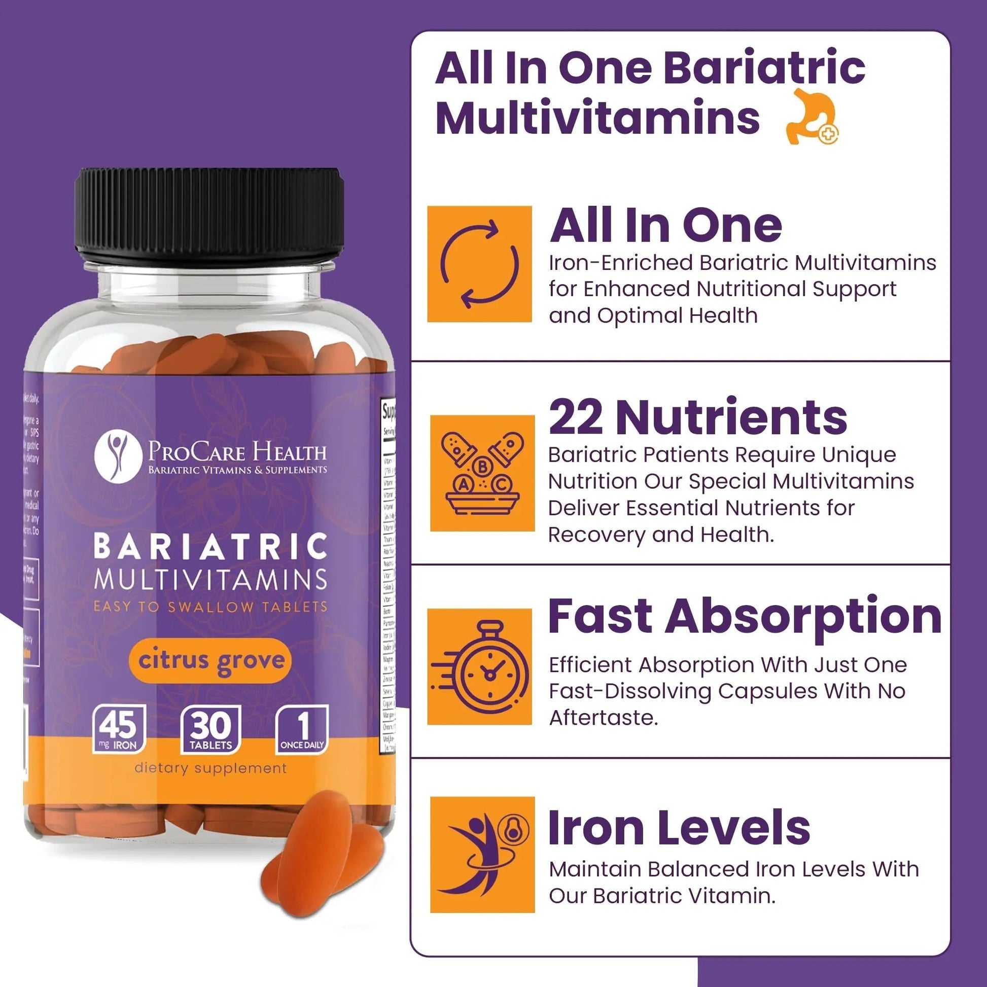 Procare Health Bariatric Multivitamin with Iron 45mg Easy to Swallow 30 Tablets - Post Op Bariatric Vitamins for Gastric Bypass Pills - PrimeBioHealth - canada supplements