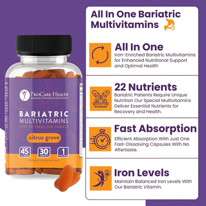 Procare Health Bariatric Multivitamin with Iron 45mg Easy to Swallow 30 Tablets - Post Op Bariatric Vitamins for Gastric Bypass Pills - PrimeBioHealth - canada supplements