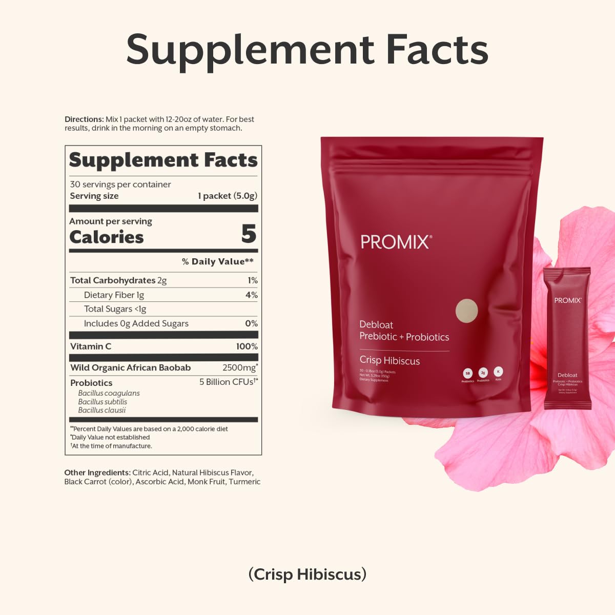 ProMix Nutrition Debloat Prebiotics and Probiotics Immune Support Supplement for Digestion, Cortisol Health, Gut Cleanse - Hibiscus - PrimeBioHealth - canada supplements