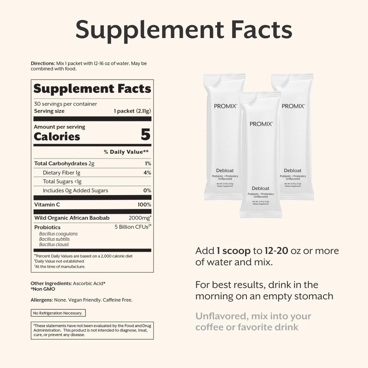 ProMix Nutrition Debloat Prebiotics and Probiotics Immune Support Supplement for Digestion, Cortisol Health, Gut Cleanse - Unflavored - 30 Servings (Pack of 30) - PrimeBioHealth - canada supplements