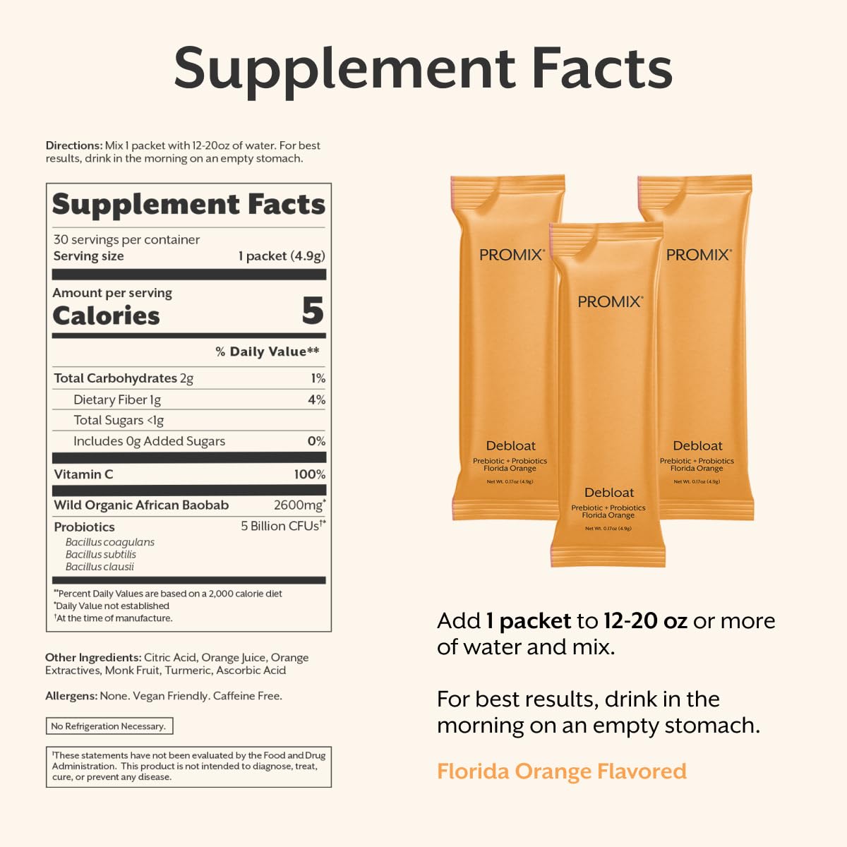 ProMix Nutrition Debloat Prebiotics and Probiotics with Baobab - Rich in Vitamin C, Bloating Relief, Immune Support - PrimeBioHealth - canada supplements