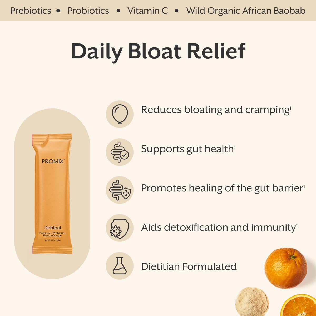 ProMix Nutrition Debloat Prebiotics and Probiotics with Baobab - Rich in Vitamin C, Bloating Relief, Immune Support - PrimeBioHealth - canada supplements