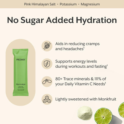 ProMix Nutrition Electrolytes Powder Hydration Packets - Himalayan Pink Salt, Magnesium, Potassium, Vitamin C - Lemon Lime, Lightly Sweetened - PrimeBioHealth - canada supplements