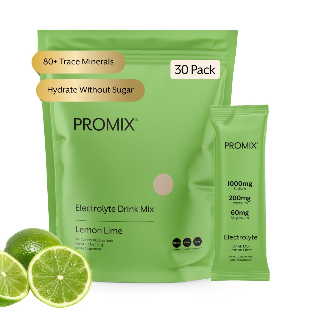 ProMix Nutrition Electrolytes Powder Hydration Packets - Himalayan Pink Salt, Magnesium, Potassium, Vitamin C - Lemon Lime, Lightly Sweetened - PrimeBioHealth - canada supplements