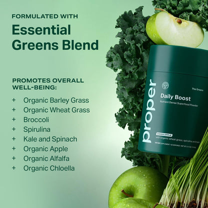 Proper, The Greens Daily Boost Organic Greens Powder. Whole Food, Apple Flavour Veggie Powder Superfood with Wheatgrass, Spirulina, Chlorella, Probiotics. - PrimeBioHealth - canada supplements