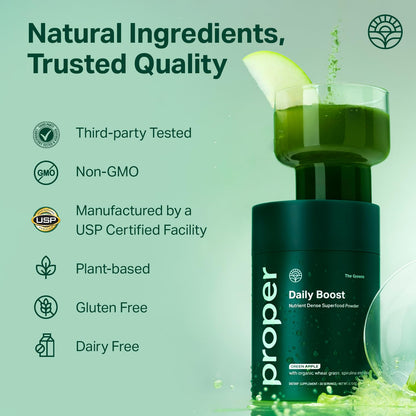 Proper, The Greens Daily Boost Organic Greens Powder. Whole Food, Apple Flavour Veggie Powder Superfood with Wheatgrass, Spirulina, Chlorella, Probiotics. - PrimeBioHealth - canada supplements