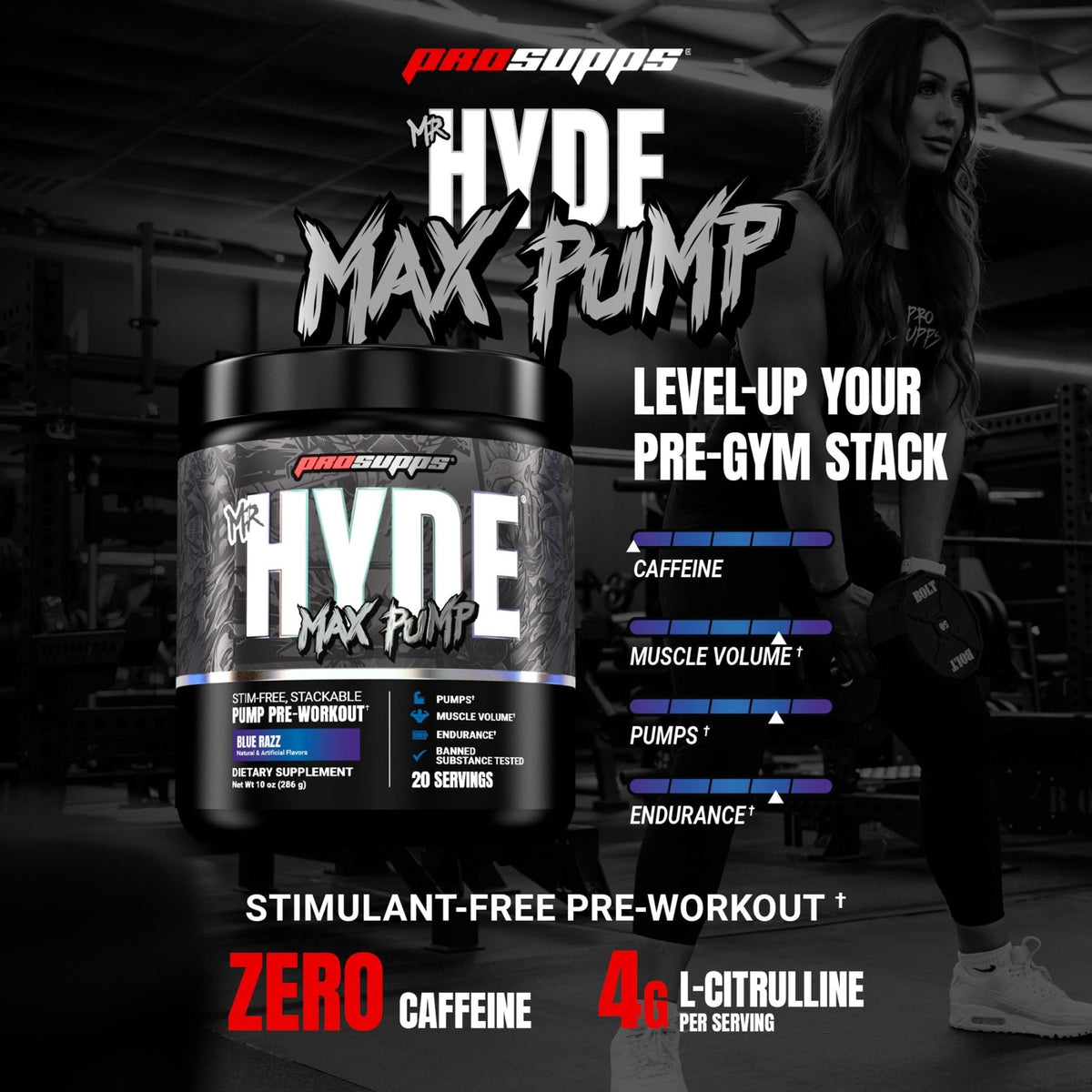 ProSupps Mr. Hyde Max Pump Pre Workout Powder - Stim-Free Preworkout Supports Blood Flow, Muscle Volume & Endurance - Caffeine-Free Nitric Oxide Gym & Fitness Supplements - PrimeBioHealth - canada supplements