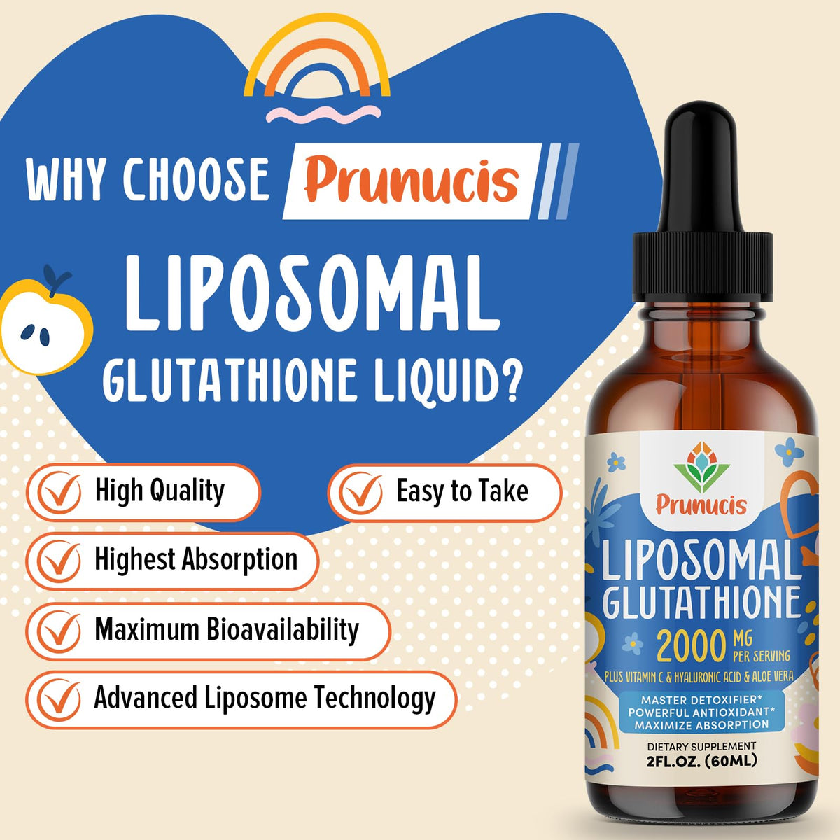 Prunucis 2000MG Liposomal Glutathione Liquid, 98% Absorption, Active Form L-Glutathione Supplement, - PrimeBioHealth - canada supplements