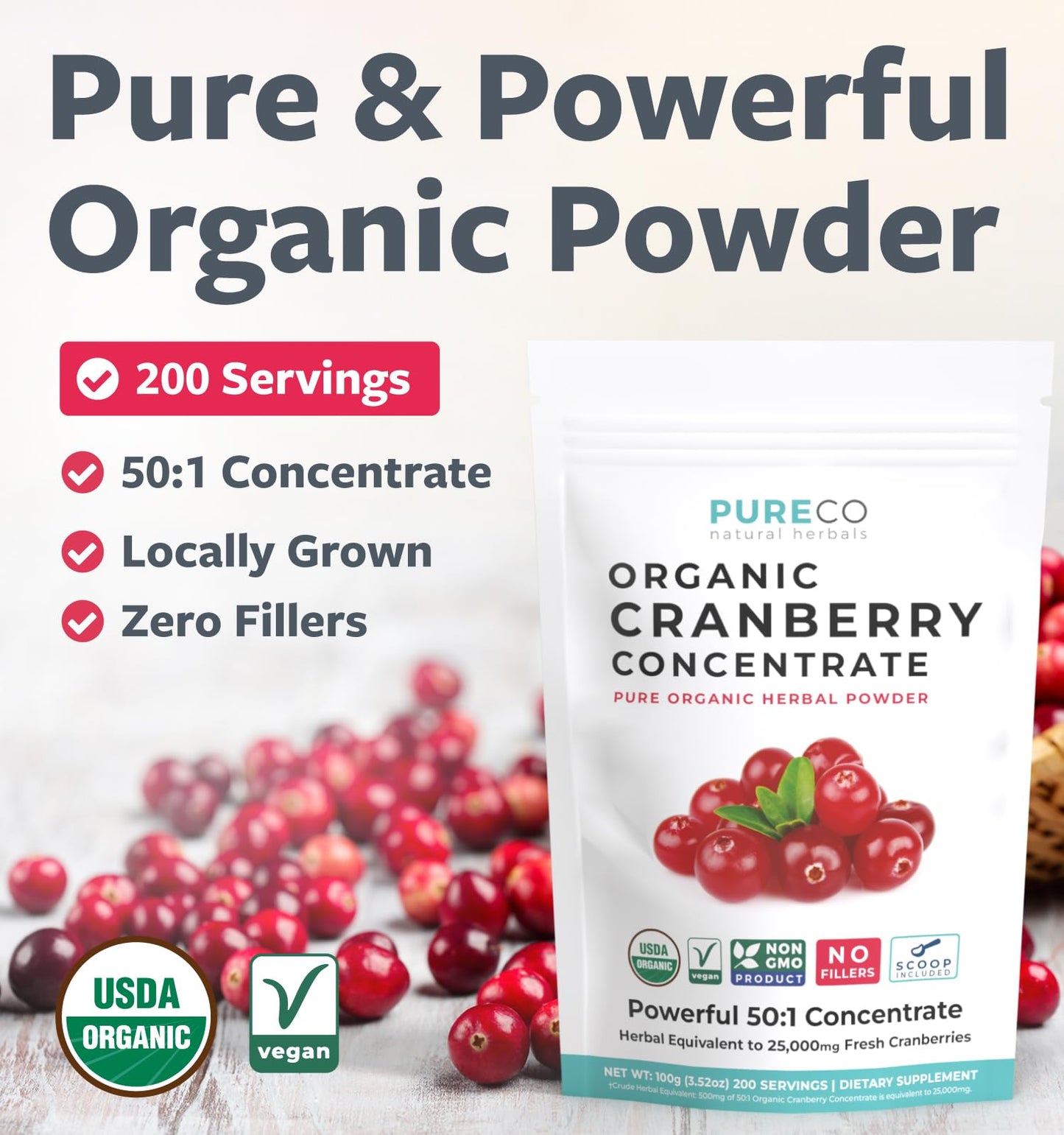 PURE CO USDA Organic Cranberry Concentrate Powder - Organic Cranberry Powder 500mg 50:1 Extract Per 1 Scoop Serving - Kidney Cleanse & Urinary Tract Support for Women - 100 Servings - PrimeBioHealth - canada supplements
