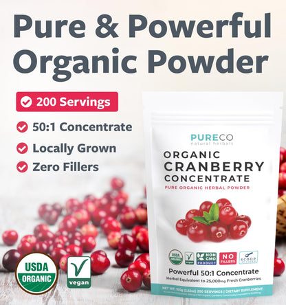 PURE CO USDA Organic Cranberry Concentrate Powder - Organic Cranberry Powder 500mg 50:1 Extract Per 1 Scoop Serving - Kidney Cleanse & Urinary Tract Support for Women - 100 Servings - PrimeBioHealth - canada supplements