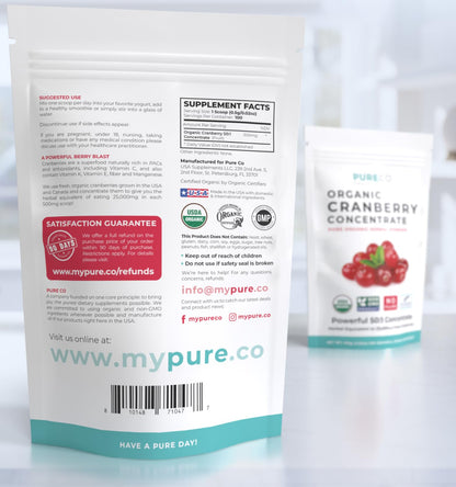 PURE CO USDA Organic Cranberry Concentrate Powder - Organic Cranberry Powder 500mg 50:1 Extract Per 1 Scoop Serving - Kidney Cleanse & Urinary Tract Support for Women - 100 Servings - PrimeBioHealth - canada supplements