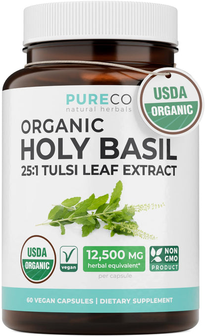 PURE CO USDA Organic Holy Basil Supplement – High Potency Organic Holy Basil 500mg 25:1 Extract 1 Capsule Per Serving – High Strength Tulsi Extract – 60 Vegan Capsules – Non-GMO & Made in USA - PrimeBioHealth - canada supplements