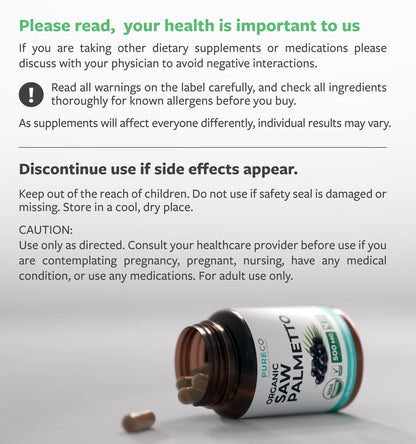 PURE CO USDA Organic Saw Palmetto Supplement - Organic Saw Palmetto for Women & Men's Urinary Tract Prostate & DHT Blocker for Women - Whole Berries - Vegan Non-GMO & Lab Verified (2 Month Supply) - PrimeBioHealth - canada supplements