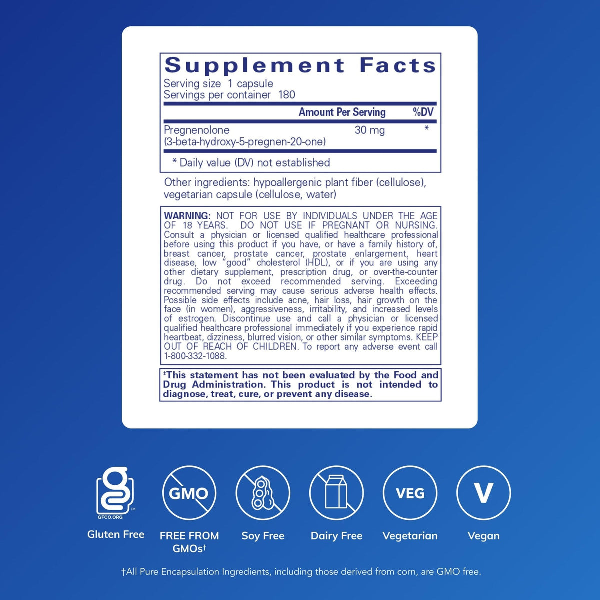 Pure Encapsulations Pregnenolone - 30 mg - Hormone Support - Memory Support - Gluten Free & Vegan - 180 Capsules - PrimeBioHealth - canada supplements