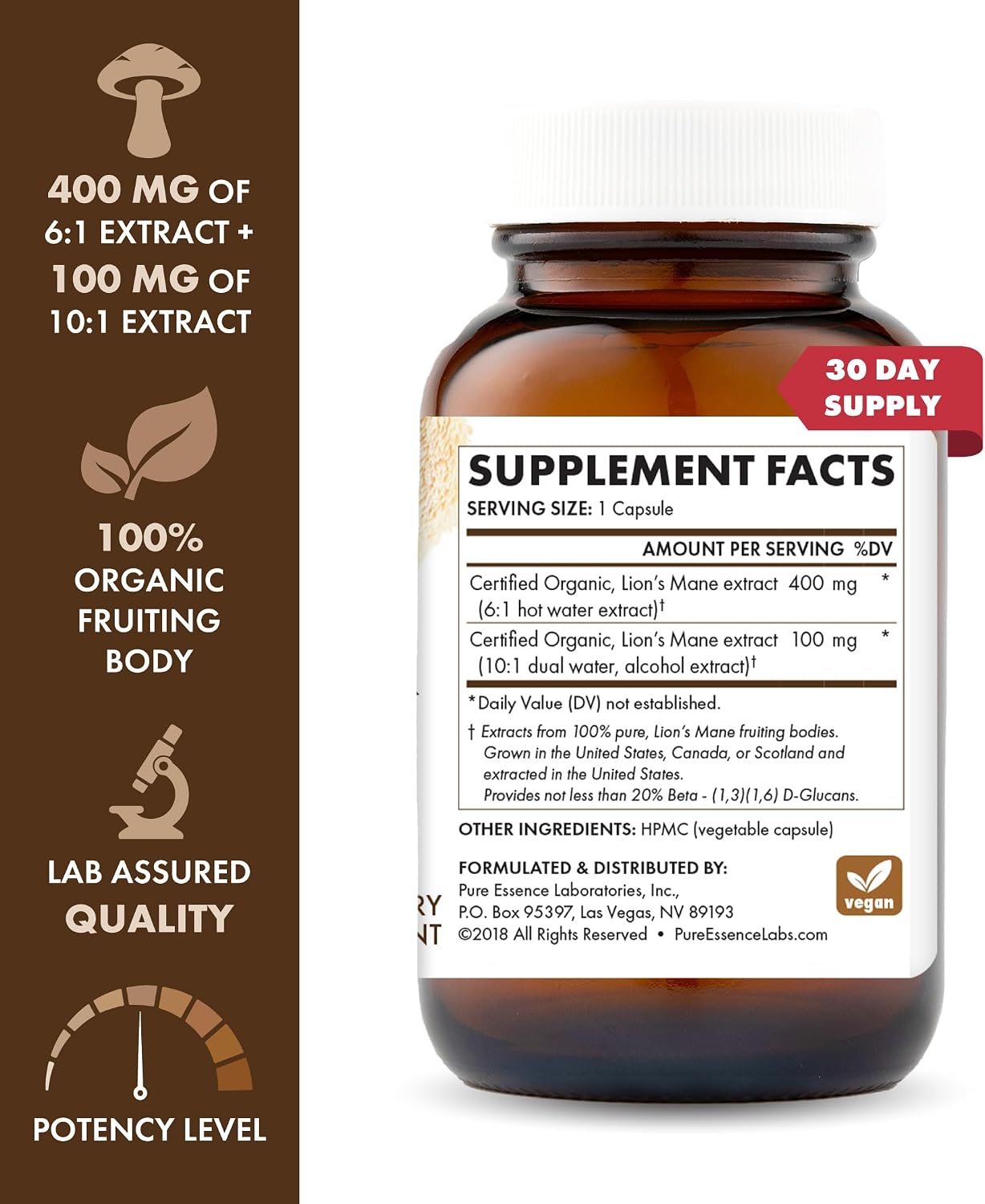 PURE ESSENCE LABS MyPure Lion's Mane 4X - Ultra Strength Brain Support Supplement for Cognitive Health, Focus, Memory & Mental Clarity, 60 Capsules - PrimeBioHealth - canada supplements