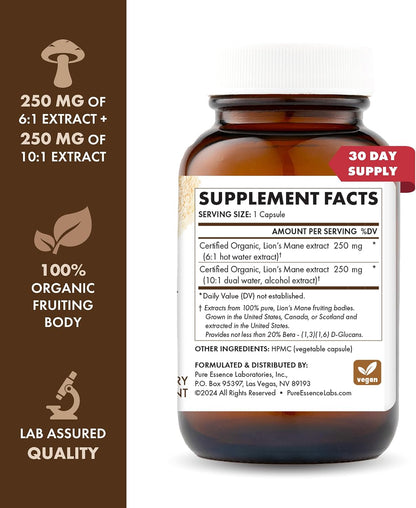 PURE ESSENCE LABS MyPure Lion's Mane 8X - Max Strength Brain Support with 100% Fruiting Body Organic Lion's Mane for Ultimate Cognitive Performance, Focus, and Mental Clarity, 60 Capsules - PrimeBioHealth - canada supplements