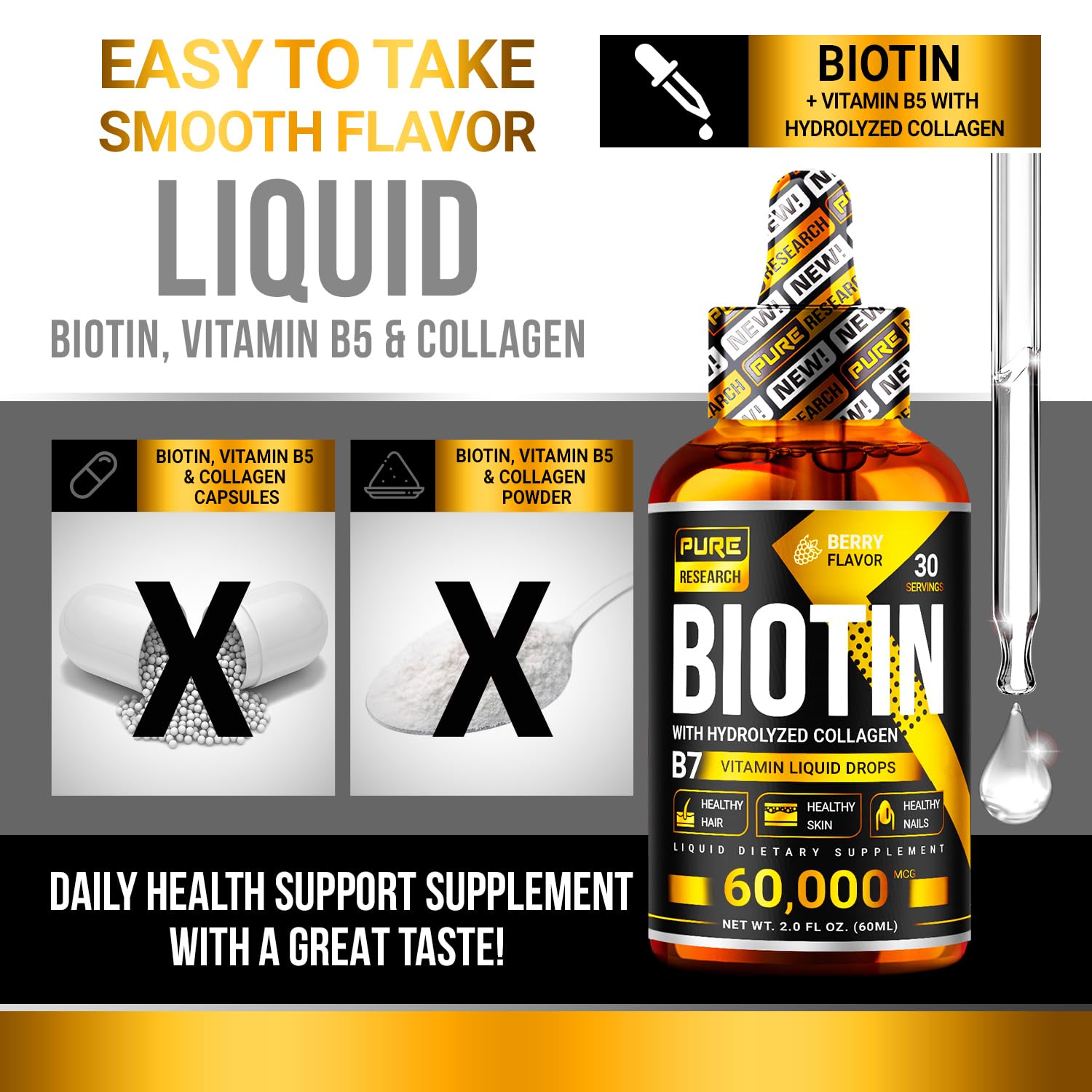PURE RESEARCH Liquid Biotin & Collagen Hair Growth Drops 60,000mcg – Biotin and Liquid Collagen Supplements for Women & Men – Supports Glowing Skin - PrimeBioHealth - canada supplements