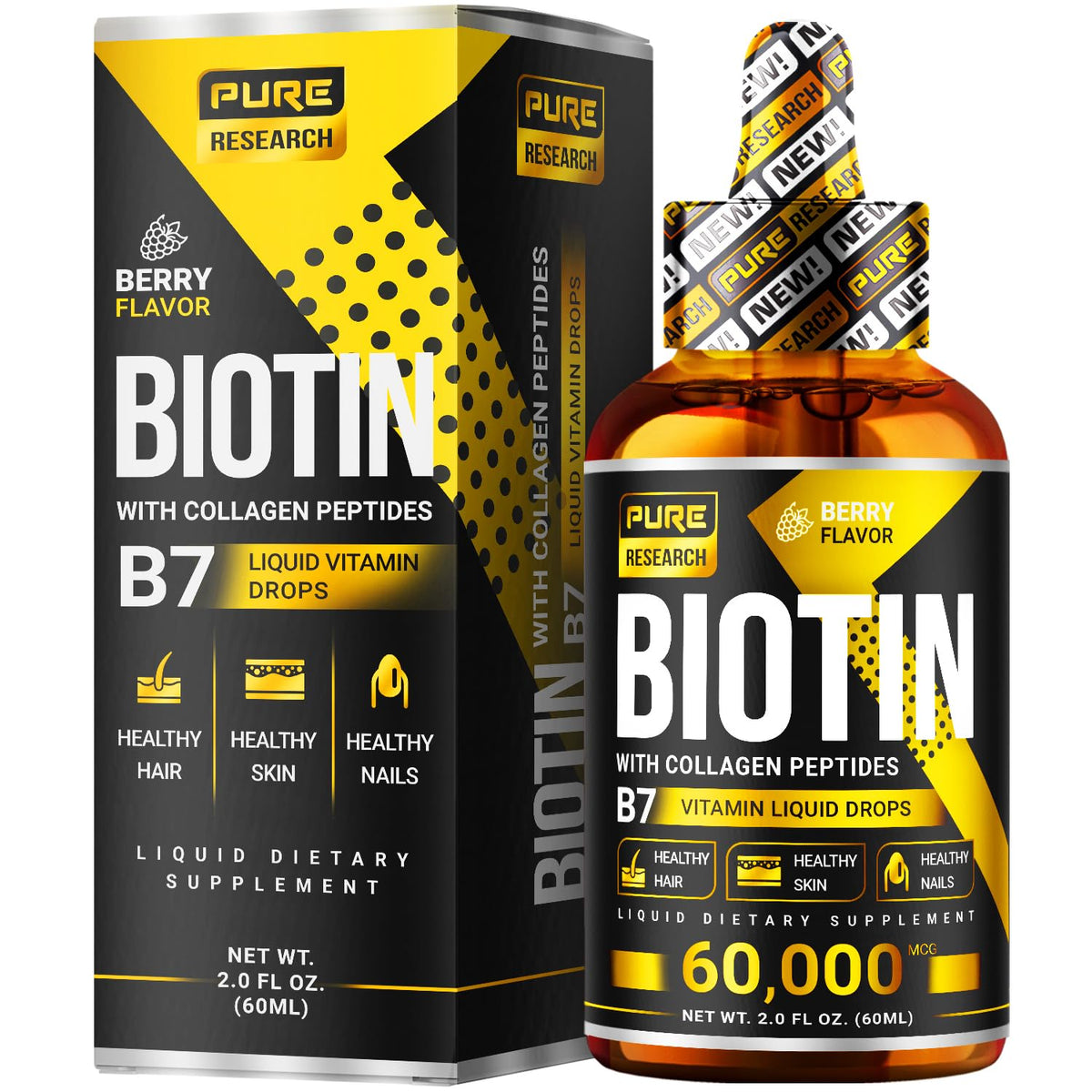 PURE RESEARCH Liquid Biotin & Collagen Hair Growth Drops 60,000mcg – Biotin and Liquid Collagen Supplements for Women & Men – Supports Glowing Skin - PrimeBioHealth - canada supplements