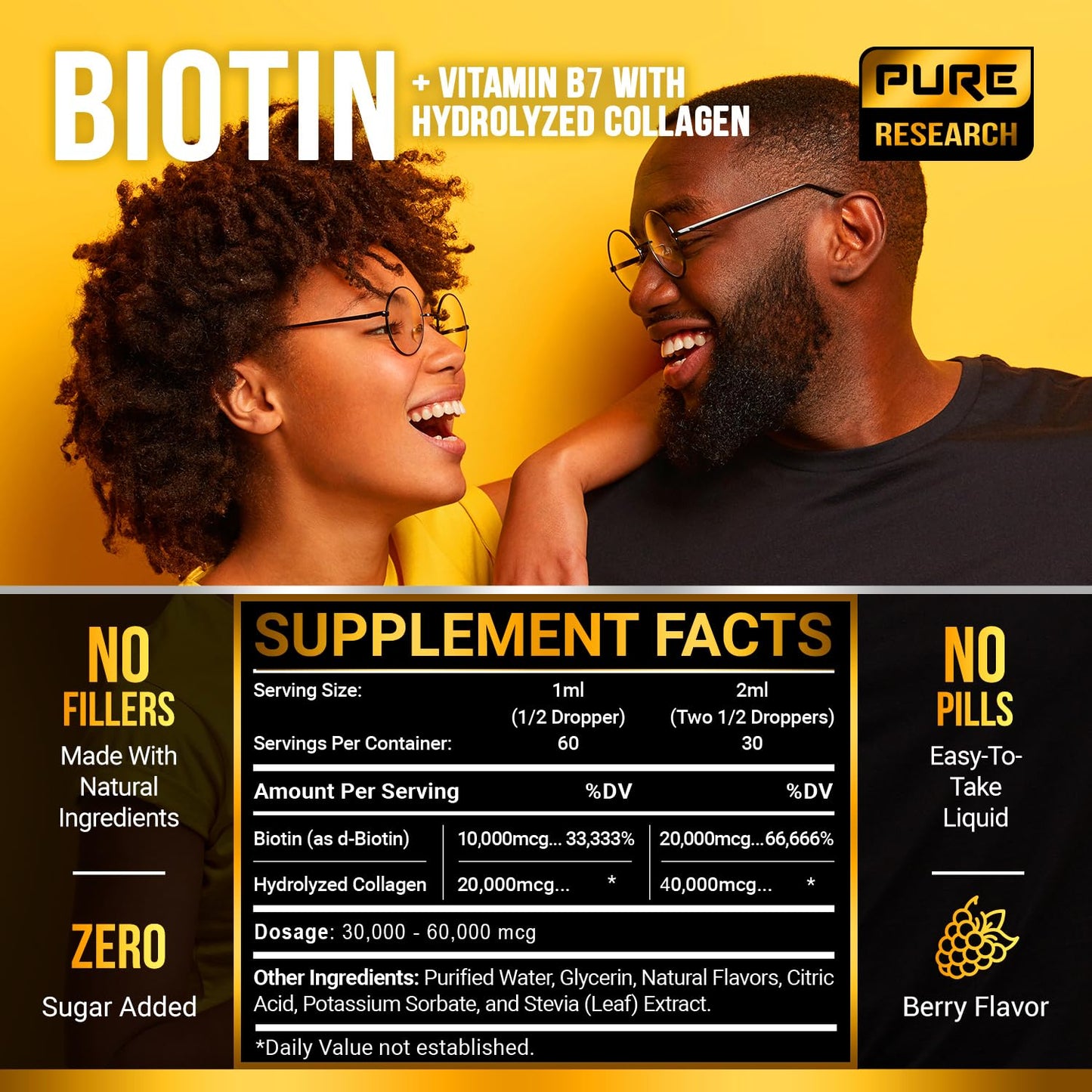 PURE RESEARCH Liquid Biotin & Collagen Hair Growth Drops 60,000mcg – Biotin and Liquid Collagen Supplements for Women & Men – Supports Glowing Skin - PrimeBioHealth - canada supplements