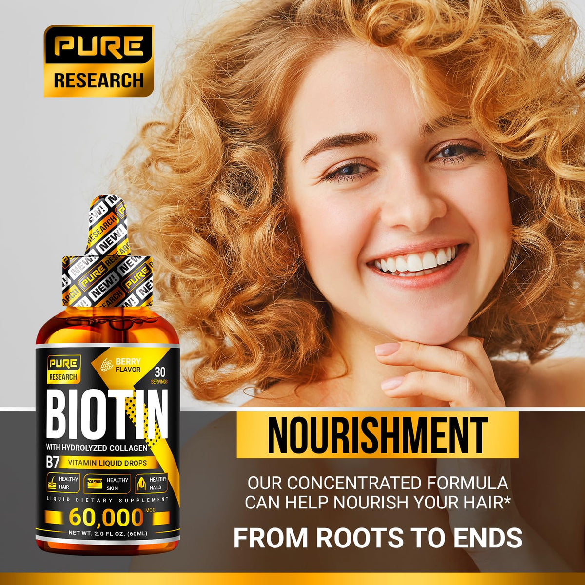 PURE RESEARCH Liquid Biotin & Collagen Hair Growth Drops 60,000mcg – Biotin and Liquid Collagen Supplements for Women & Men – Supports Glowing Skin - PrimeBioHealth - canada supplements