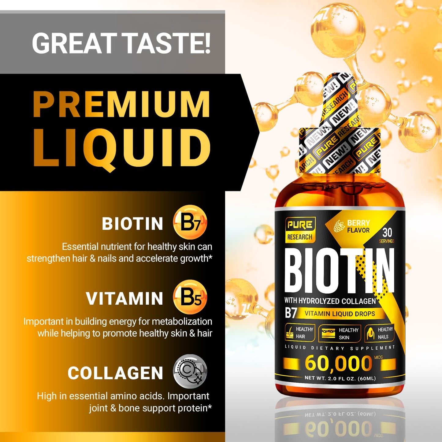 PURE RESEARCH Liquid Biotin & Collagen Hair Growth Drops 60,000mcg – Biotin and Liquid Collagen Supplements for Women & Men – Supports Glowing Skin - PrimeBioHealth - canada supplements