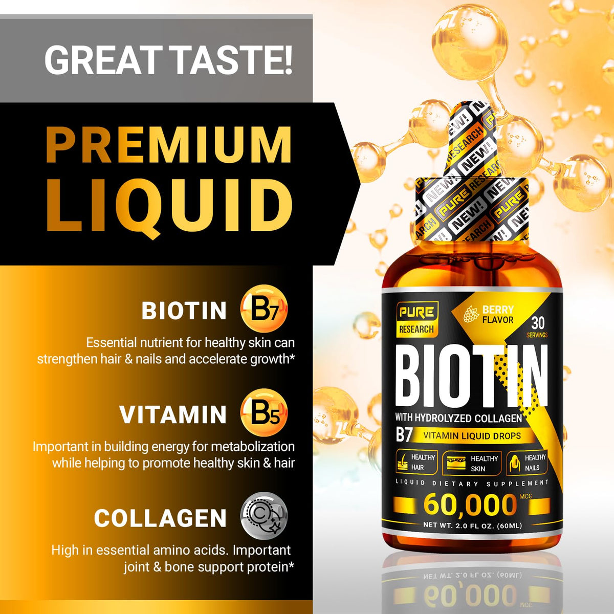 PURE RESEARCH Liquid Biotin & Collagen Hair Growth Drops 60,000mcg – Biotin and Liquid Collagen Supplements for Women & Men – Supports Glowing Skin - PrimeBioHealth - canada supplements