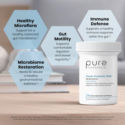 Pure Therapro Rx Power Probiotic 100B | 30 Acid Resistant Capsules - 1 Month Supply | 4 Proven Strains 100 Billion CFU | Flora Balance & Digestion | NO Refrigeration Required | Non-GMO | Zero Fillers - PrimeBioHealth - canada supplements