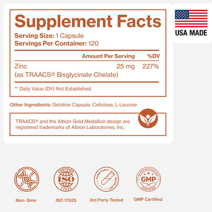 Pure Zinc Supplement 25mg - TRAACS Bisglycinate Chelate - 120 Capsules for Immune Support, Skin Health & Energy - for Men & Women - PrimeBioHealth - canada supplements