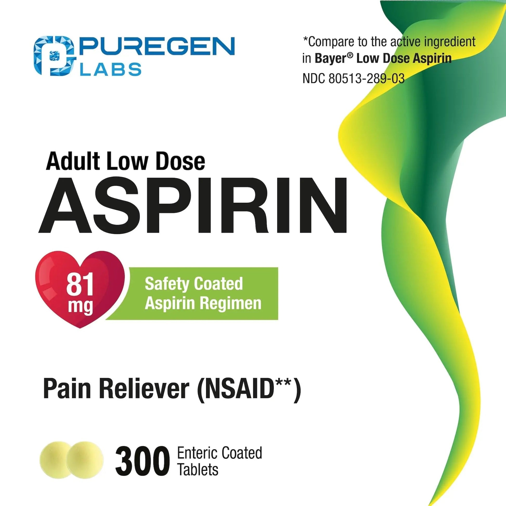 Puregen Labs Aspirin 81 mg Low Dose (NSAID) – 300 Enteric Coated Tablets - PrimeBioHealth - canada supplements