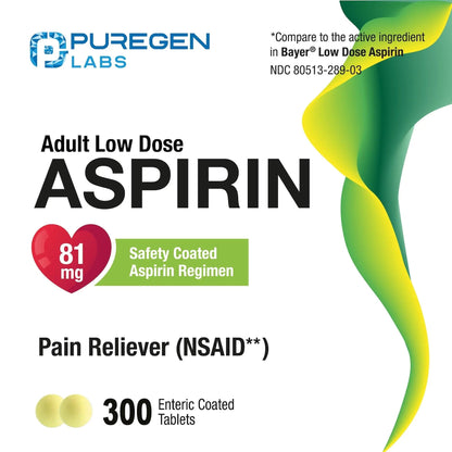 Puregen Labs Aspirin 81 mg Low Dose (NSAID) – 300 Enteric Coated Tablets - PrimeBioHealth - canada supplements