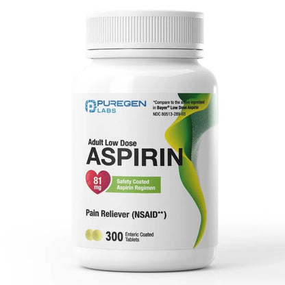 Puregen Labs Aspirin 81 mg Low Dose (NSAID) – 300 Enteric Coated Tablets - PrimeBioHealth - canada supplements