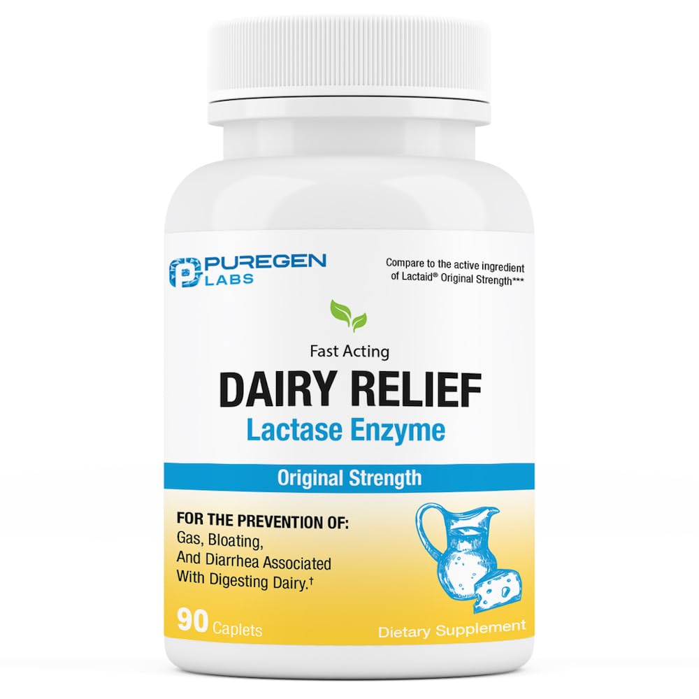 Puregen Labs Dairy Relief Natural Fast Acting Lactase Enzyme 3000 FCC, Lactose Intolerance Pills 90 Caplets - PrimeBioHealth - canada supplements
