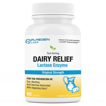 Puregen Labs Dairy Relief Natural Fast Acting Lactase Enzyme 3000 FCC, Lactose Intolerance Pills 90 Caplets - PrimeBioHealth - canada supplements