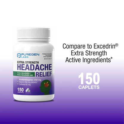 Puregen Labs Extra Strength Headache Caplets, Aspirin 250 mg (NSAID), Caffeine 65 mg, 150 Count - PrimeBioHealth - canada supplements