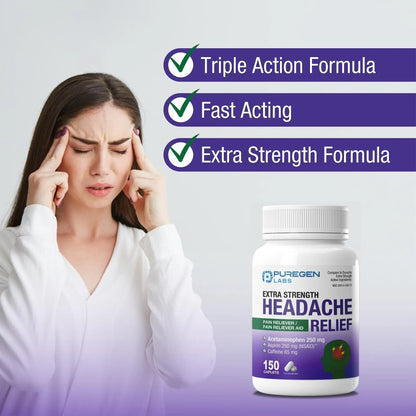 Puregen Labs Extra Strength Headache Caplets, Aspirin 250 mg (NSAID), Caffeine 65 mg, 150 Count - PrimeBioHealth - canada supplements
