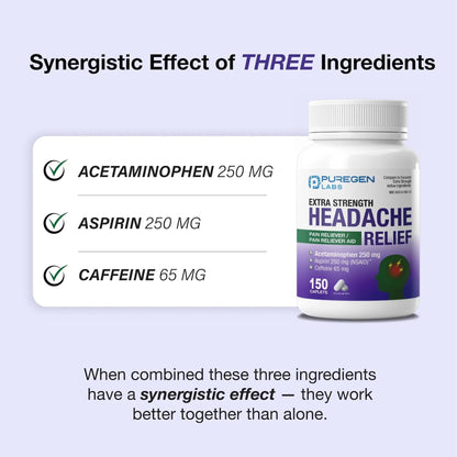 Puregen Labs Extra Strength Headache Caplets, Aspirin 250 mg (NSAID), Caffeine 65 mg, 150 Count - PrimeBioHealth - canada supplements