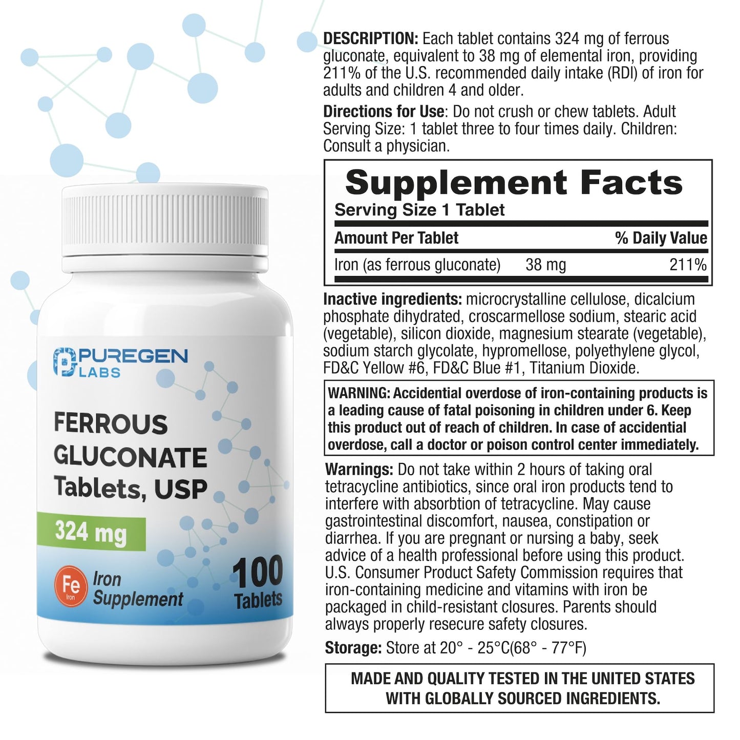 Puregen Labs Ferrous Gluconate 324 mg [High Potency] Iron Supplement, Gentle on Stomach - 100 Tablets - PrimeBioHealth - canada supplements