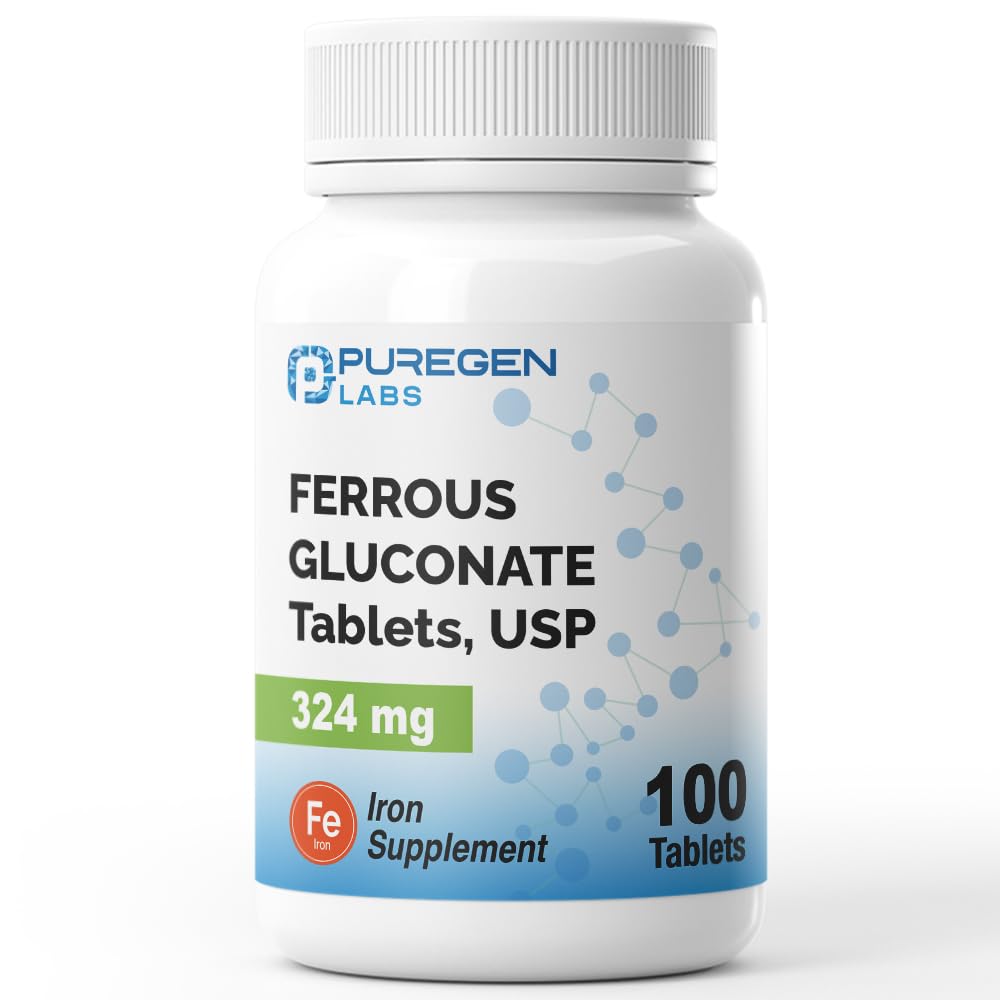 Puregen Labs Ferrous Gluconate 324 mg [High Potency] Iron Supplement, Gentle on Stomach - 100 Tablets - PrimeBioHealth - canada supplements