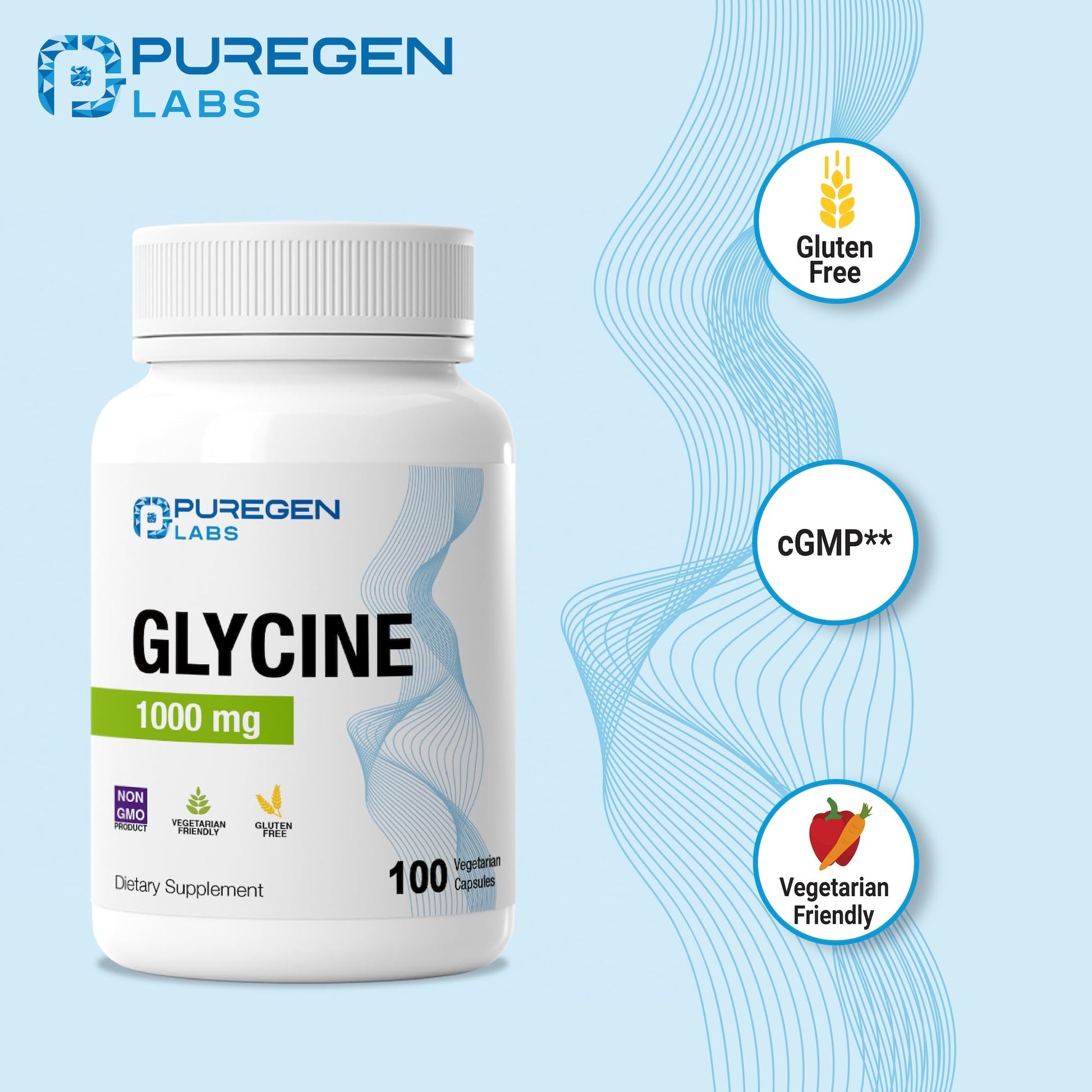 Puregen Labs Glycine 1000mg [High Potency] 100 Vegetarian Capsules, Promotes Healthy Rest | No Harmful Additives - PrimeBioHealth - canada supplements
